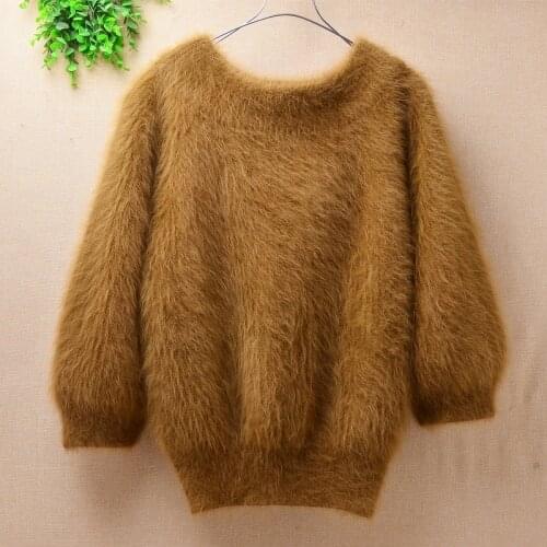 Korean womens short brown sweater Plush Angora rabbit hair knitted waist closed foam sleeve o-neck sable coarse pullover