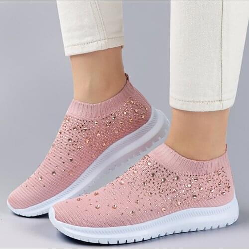 Women Shoes Autumn Vulcanize Shoes Flying Knit Sneakers With Diamonds Casual Slip On Flat Shoes Mesh Soft Walking Footwear