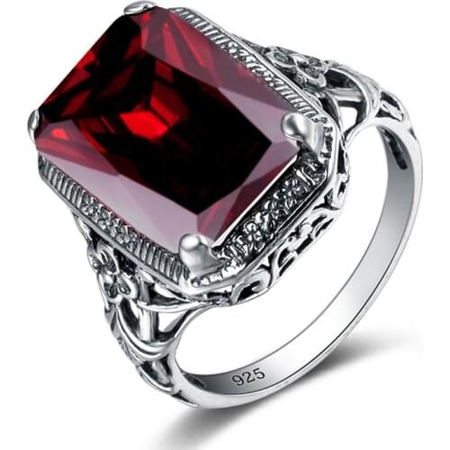 Fashion Women Party Ring Vintage 925 Sterling Silver Finger Ring Hollow Flower Created Ruby Sapphire Square Stone Cocktail Ring