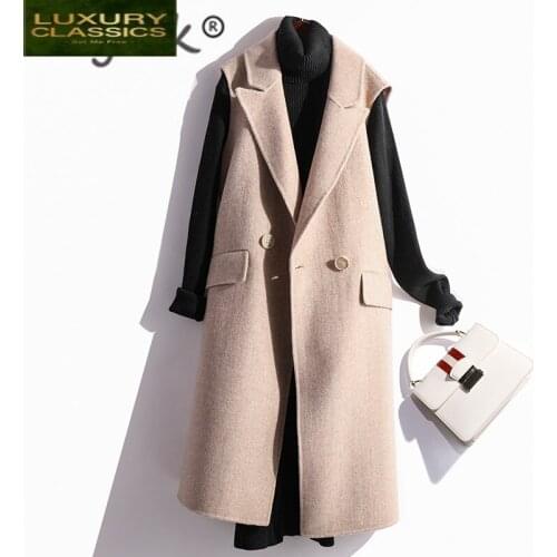 Fashion 90% Double 2021 Side Cashmere Womens Vest Long Wool Coat Female Hooded Waistcoat Women Wool Colete Feminino 269