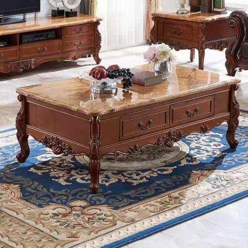 European marble solid wood tea table American square living room small tea table furniture tea table carving