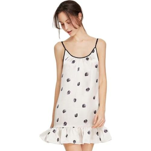 2021 New Ink Printed Silk Nightdress Summer 100% Mulberry Silk Pajamas Noble Girl