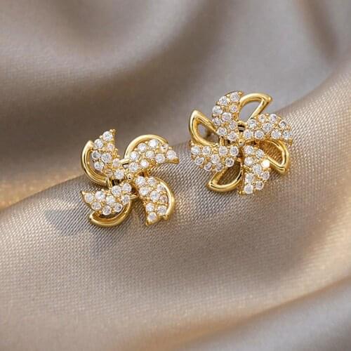 Ear Studs Rotating Windmill Shape Rhinestone Korean Style Shiny All Match Stud Earrings Jewelry Accessories