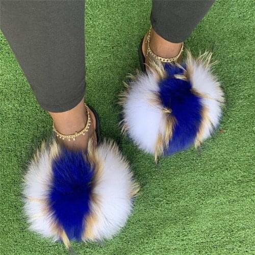 Womens Real Fox Fur Slippers Girls Colorful Plush Fluffy Slides Ladies Furry House Shoes Female Indoor Flip Flops Large Size45