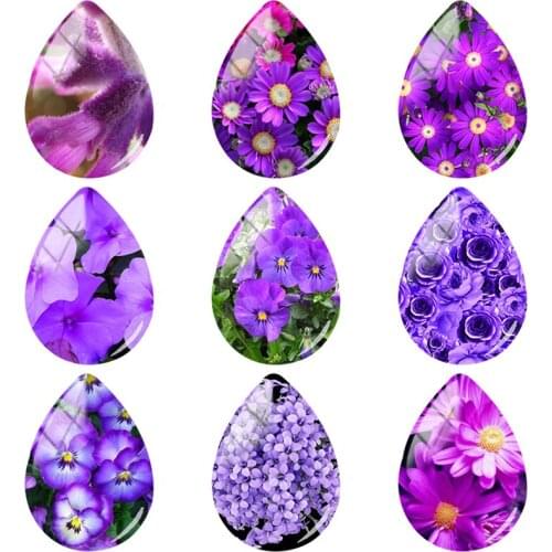 TAFREE Beautiful Purple Flowers Pattern 18x25mm Handmade Tear Drop Shape Glass Cabochon Dome Flat Back Jewelry FL164