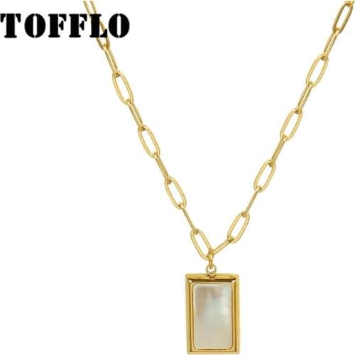 TOFFLO Stainless Steel Jewelry White Seashell Square Pendant Necklace Elegant Clavicle Chain For Women BSP1069