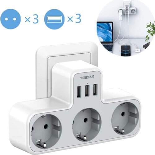 TESSAN Power Strip Plug Extension Socket with 3 AC Outlet 3 USB Ports 5V/2.4A 3600W Eu Plug Wall Charger Adapter for Home Travel