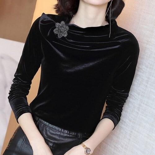 Spring Fall Fashion Women Beading Flower Applique Black Velour Shirt , Slim 3xl Velvet Autumn Elegant T Shirts Tops for Woman