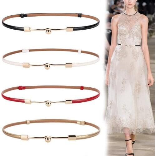 Women Faux Leather Gold Metal Buckle Adjust Belt Thin Waistbands Red Solid Elegant Hot Sale High Quality Adjustable Waist Belt