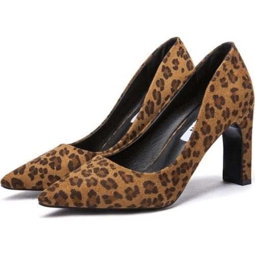 Net Red Womens Shoes 2019 Spring New Fashion Pointed Leopard Light Mouth Single Shoes Thick With High Heels Large Size 414243