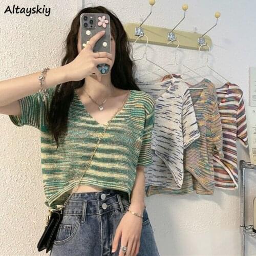 Short Sleeve T-shirts Women Summer Chic Loose Colorful Vintage All-match Fashion Leisure New Korean Style Tees Top Simple Tender