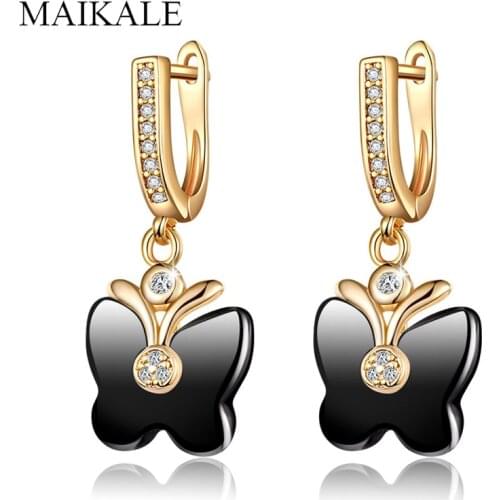 MAIKALE Trendy Butterfly Shape Black Ceramic Earrings for Women Gold Color Zirconia Gem Stone Drop Earrings Charm Jewelry Gifts
