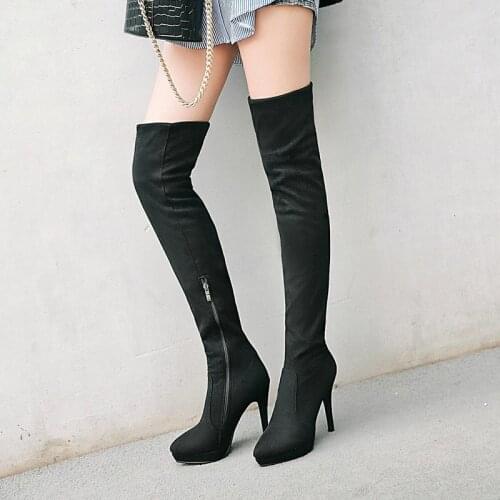 Ladies Faux Suede Spring Autumn Zipper Slim-Fit Thigh Boots Fashion Platform Sexy Thin High-Heel Boots Winter Warm Womens Shoes