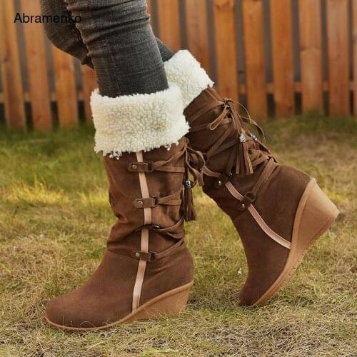 Shoes For Women Knee-High Boots Snow Boots Winter Warm Fur wedge Thick Bottom Black Boots Shoes Female Shoes Plus Size 35-43