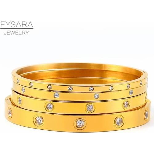 FYSARA 3/4/6/8mm Crystals Lover Bracelets Stainless Steel Bangles Cubic Zirconia Women Gold Color Bangles Brand Jewelry Gifts