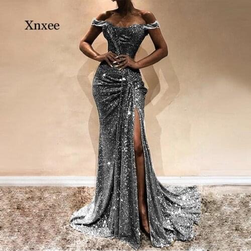 Elegant Sequins Off Shoulder High Split Evening Mermaid Dress Women Vintage Sexy Shining Party Banquet Prom Women Robe Clothes