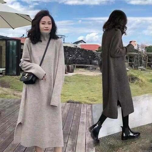 2021 Autumn Winter New Women Knitted Dress Loose Retro Thick Female Sweater Robe Turtleneck Plus Size 4XL Ladies Warm Vestidos