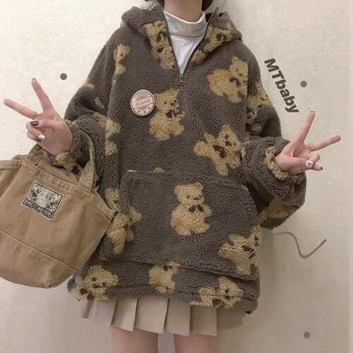 Winter Faux Fur Hoodie Women Korean Cute Bear Graphic Soft Over Size Coat Zipper Fur Thickened Warm Hoodies With Pocket 2021