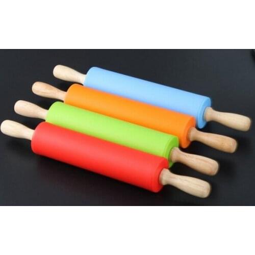 100pcs/lot, 29.5*2cm New Cake Fondant Paste Stick Rolling Pin Wood Handle Silicone Rolling Pins Baking Tool Mold