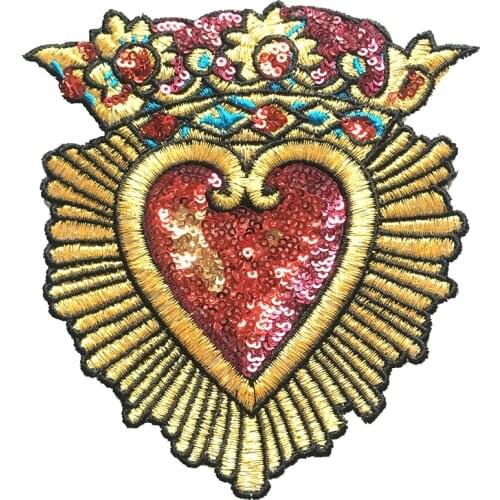 2 Pieces 4.3" x 4" Fashion Sequin Crown Heart Badge Fabric Patches Gold Embroidery Applique DIY Sewing Decoration Sequins Patch