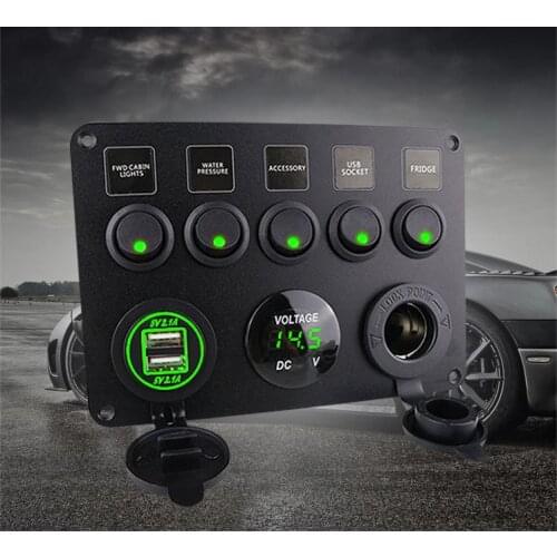 5 Gang ON-OFF Toggle 12V Car Switch Panel Dual USB Socket Charger 4.2A LED Voltmeter Power Outlet for Car Boat Truck Camper