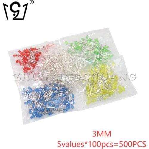 500PCS 3MM LED luminous tube red, yellow, green, blue and white sample package 5values*100pcs