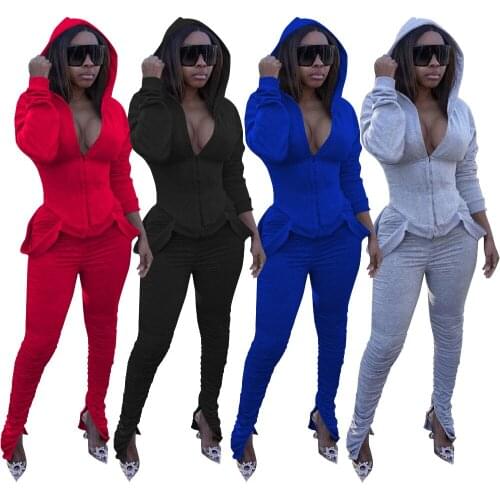 67W8324 Autumn Winter Women Casual Sports Home Solid Pleated with Hood Two Piece Set Top and Pants Tracksuit Sweatsuit Outfits