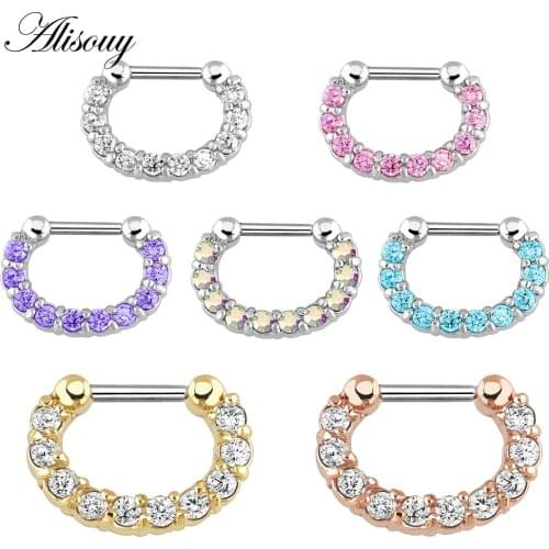 Alisouy 1 PC Nose Ring Surgical Stainless Steel Cubic Zircon Septum Clicker Nose Ring Hoop Piercing Jewelry for girl nipple ring