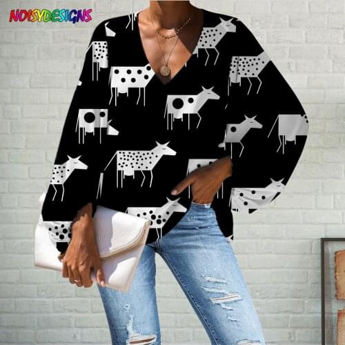 WHEREISART Black Ladies Chiffon Blouse Cute Cows Pattern Women Clothes Spring Autumn Female Fashion Tops Comfortable Custom