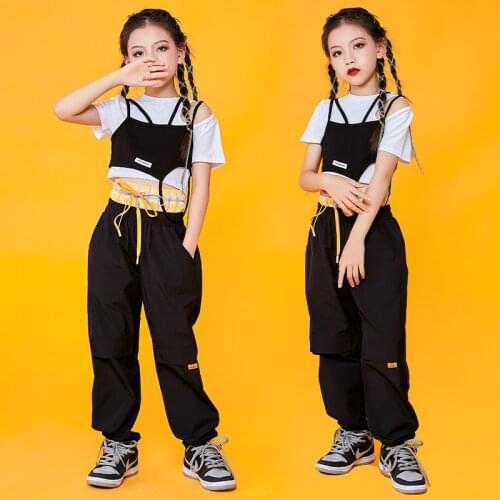 Childrens Jazz Dance Performance Clothes Girls Hip-Hop Costume Street Dancing Outfits Short Sleeve Black Hip Hop Pants DNV15102