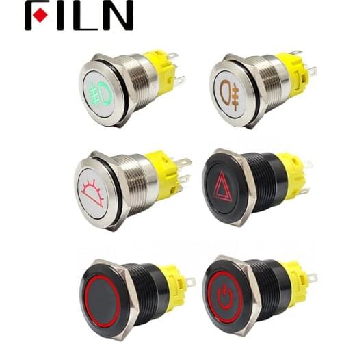 FILN 22mm 12v LED 1NO1NC metal push button switch dashboard custom symbol momentary latching on off car racing switch