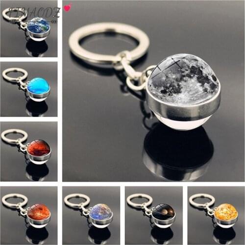 FIMAODZ Moon Earth Glass Ball Keychain Solar System Planet Fashion Galaxy Nebula Art Photo Double Side Key Chain Astronomy Gift