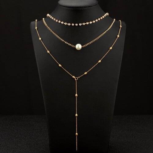 Hot Fashion Gold Color Multilayer Crystal Tassels Pearl Necklaces Beads Choker Feather Pendants Necklaces For Women Bijoux