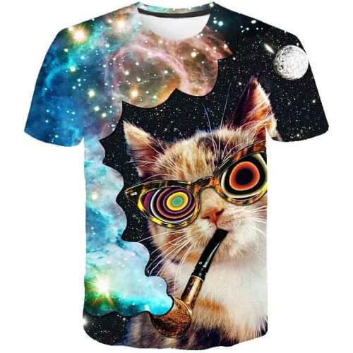 Kawaii New Harajuku Galaxy Cat T Shirt Children Funny Summer Tops Cartoon T-shirt Eye Rays Cat Tees Hip Hop Unisex Tshirt kid