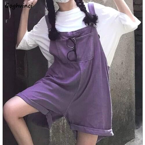 Rompers Women Denim Purple Solid Front-pocket Korean Sweet Style Girls Streetwear Basic Classic Design Loose Trendy Casual Chic