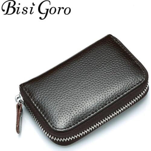 BISI GORO 2020 Unisex Women Men Wallets Genuine Leather Zipper Credit Card Holder Vintage Travel Wallet Business holder 11 color