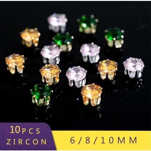 10pcs 6/8/10mm round silver gold claw sew on Zircon stones Cushion Cut strass rivoli diamond beads DIY jewelry Accessories