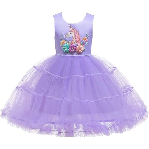 Cute girl with flower unicorn cake gauze puffy dress princess dress birthday party dress stage performance dress baby girl dress