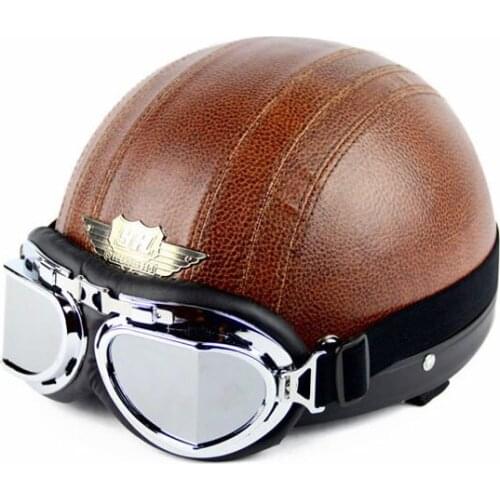 New TOP Quality Brown Leather Half Open Face Motorcycle Scooter Vespa Biker Helmet with Goggles/Visor S M L XL