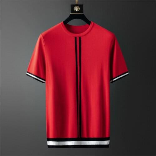 2021 New Mens Short Sleeve T Shirt Round Collar Slim Ice Silk Sweater Summer New Stripe Color T Shirt Men 3XL 4XL