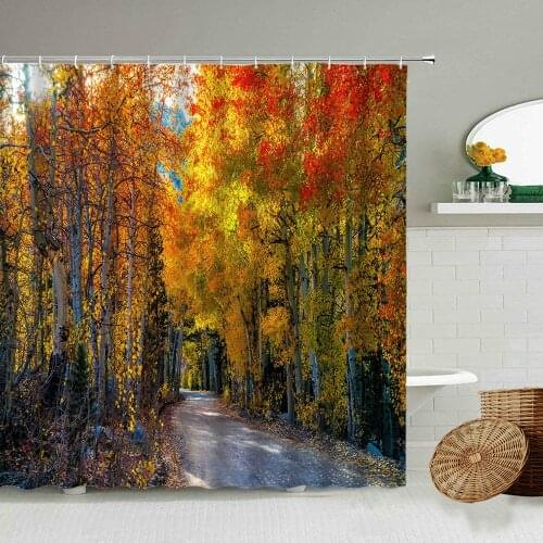 Autumn Scenery Shower Curtain Forest Trees Foliage Maple Leaves Country Trails Natural Landscape Bathroom Decor With Hook Screen