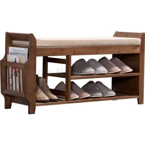 Natural Bamboo Shoe Storage Rack Bench with 2-Tier Cushion Seat Living Room Shoe Organizer Entryway Storage Hallway Furniture