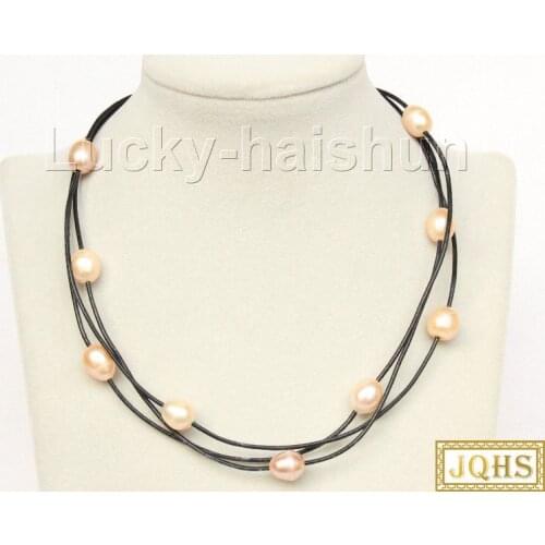 Adjustable 3row pink purple freshwater pearls black leather necklace j9924