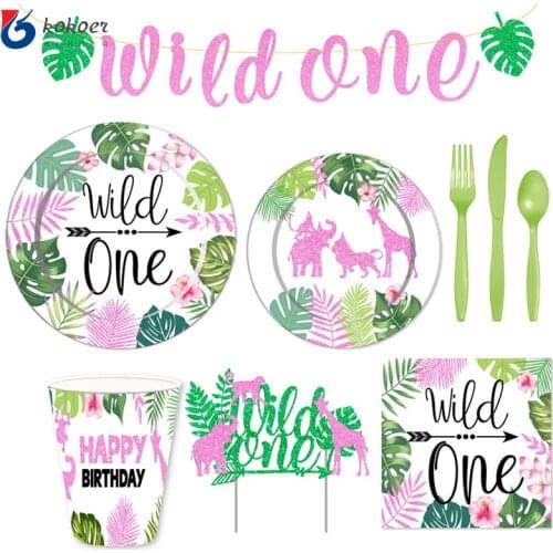 Pink Wild One Theme Tableware Paper Plates Cup Jungle Safari Party Supplies baby Shower girl 1st Birthday Party Decoration kids
