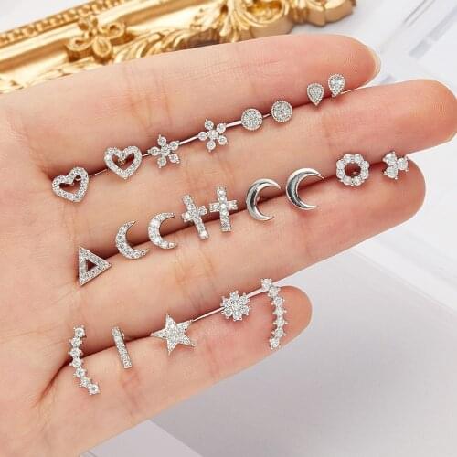 Silver Color CZ Cartilage Stud Earrings Zircon Moon Star Round Snowflake Triangle Heart Cross Flower Ear Studs Piercing Jewelry