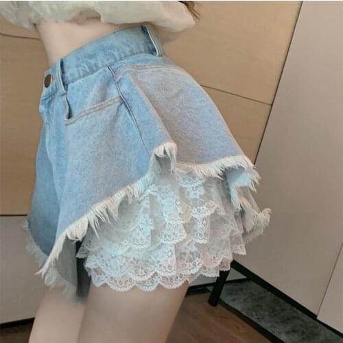 Sweet Lolita Style Lace Shorts Female Streetwear Sexy Punk Hip Hop Jeans Summer Women Harajuku Chic High Waist Denim Short Pants