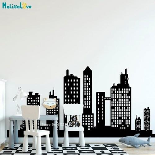 Modern City Skyline Wall Stickers Night Decor Large Size Skyscraper Kids Boys Explore The World Office Nursery Murals YT5811