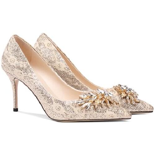 Stiletto high heel wedding shoes women spring 2021 silk pointed toe large size small size rhinestone party dress single shoes