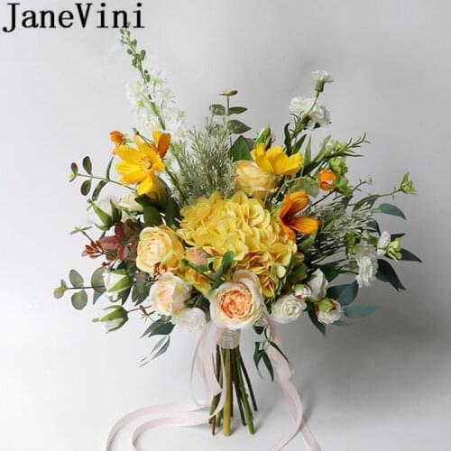 JaneVini Yellow Silk Wedding Flowers Bridal Bouquets Artificial Rose Outside Wedding Bride Hand Holder Green Leaf Accessories