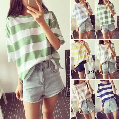 Women Lady Striped Short Sleeve Round Collar T-shirt Top Tee Clothes for Summer d88